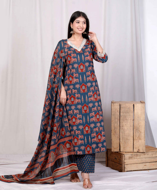 Miravan Womens Pure Cotton Animal Printed Zari Lace Work Blue Jaipuriya Anarakali Suit Set