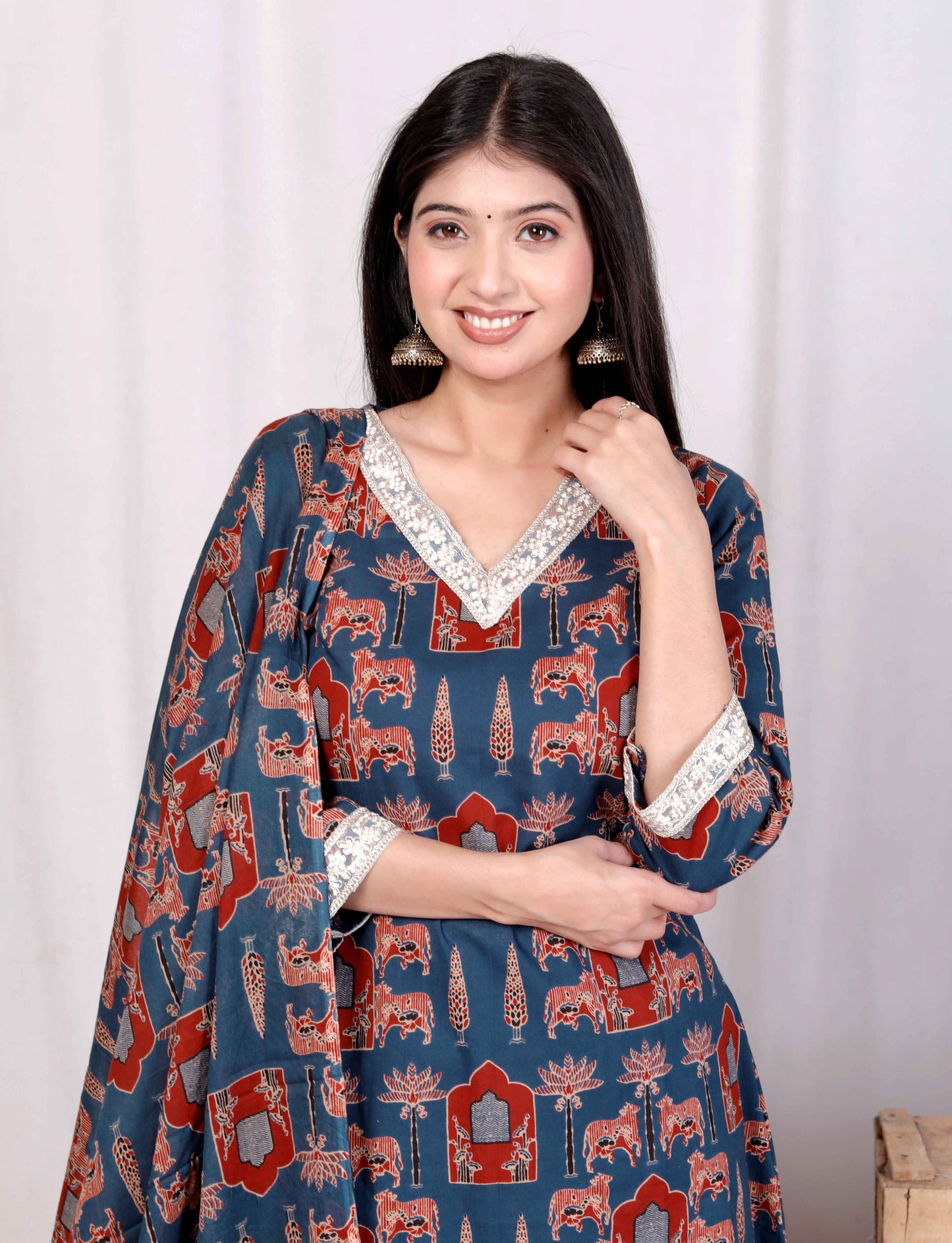 Miravan Womens Pure Cotton Animal Printed Zari Lace Work Blue Jaipuriya Anarakali Suit Set