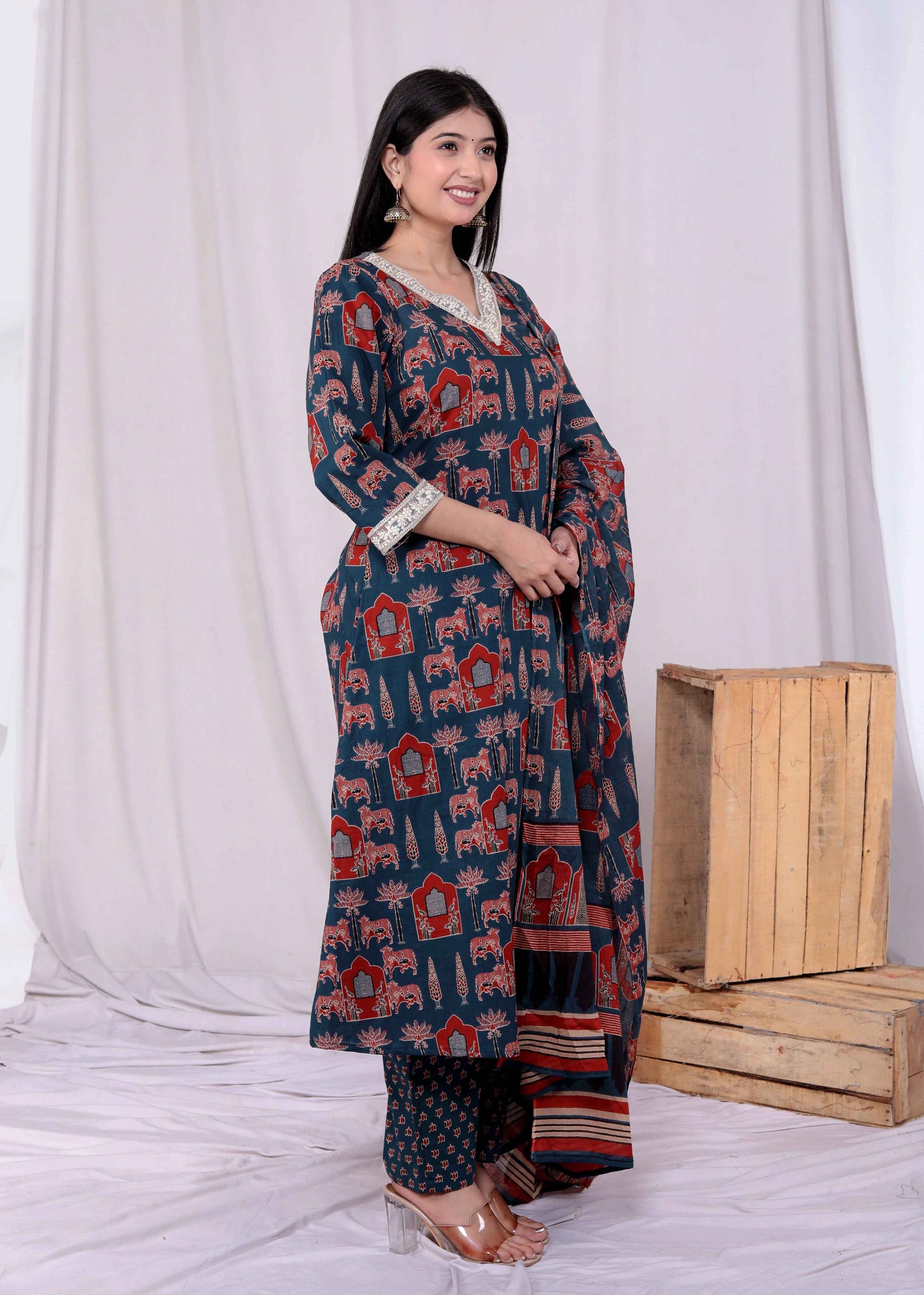 Miravan Womens Pure Cotton Animal Printed Zari Lace Work Blue Jaipuriya Anarakali Suit Set