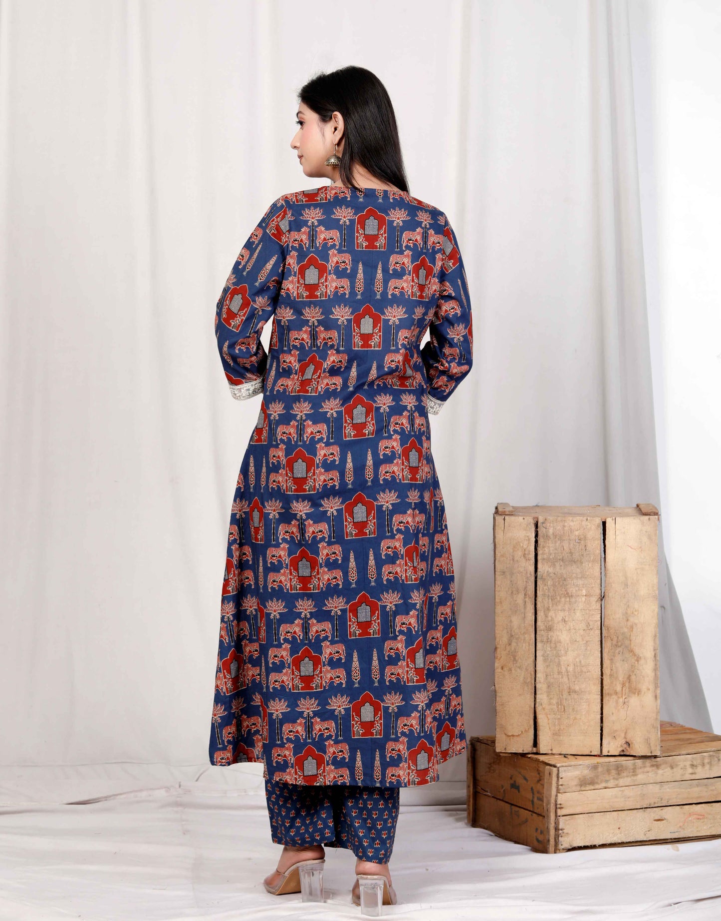 Miravan Womens Pure Cotton Animal Printed Zari Lace Work Blue Jaipuriya Anarakali Suit Set