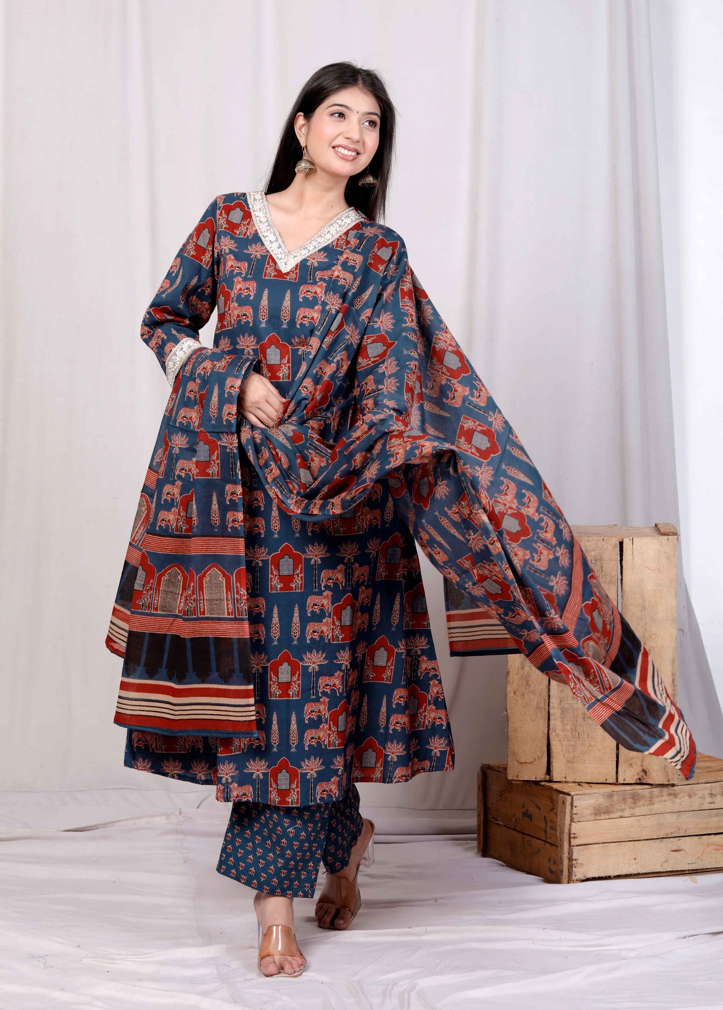 Miravan Womens Pure Cotton Animal Printed Zari Lace Work Blue Jaipuriya Anarakali Suit Set
