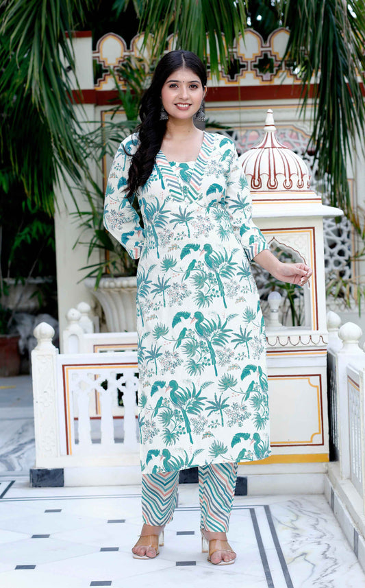 Women's Light Green Scenic Birds And Leaf Straight Pakistani Style Kurta And Palazzo - Miravan