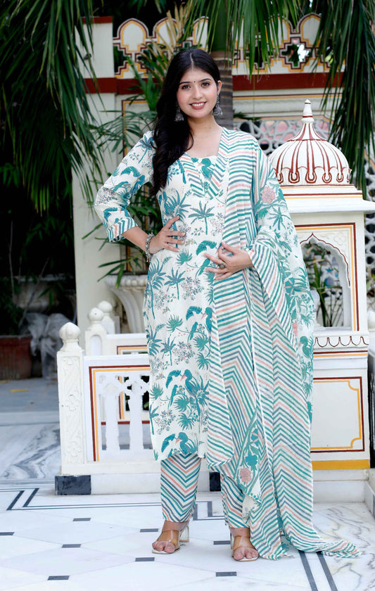 Women's Light Green Scenic Birds And Leaf Straight Pakistani Style Suit Set - Miravan