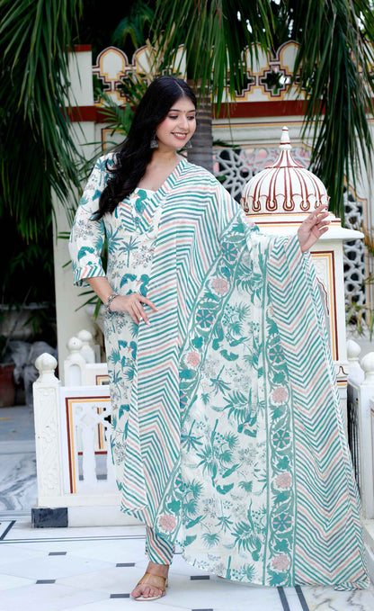 Women's Light Green Scenic Birds And Leaf Straight Pakistani Style Suit Set - Miravan