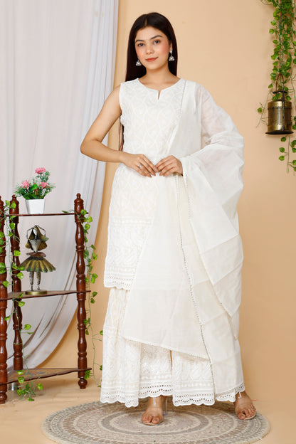 Women's Beige Embroidered Chikankari Cotton Kurti & Sharara With Dupatta - Miravan