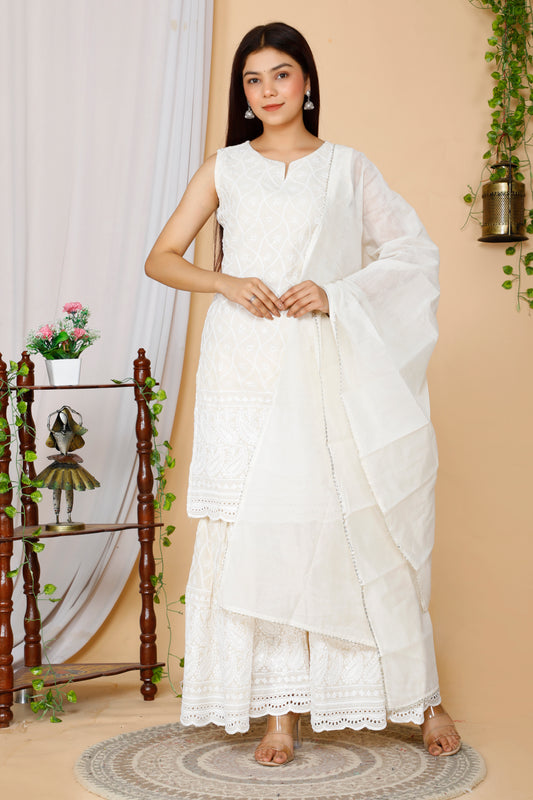Women's Beige Embroidered Chikankari Cotton Kurti & Sharara With Dupatta - Miravan