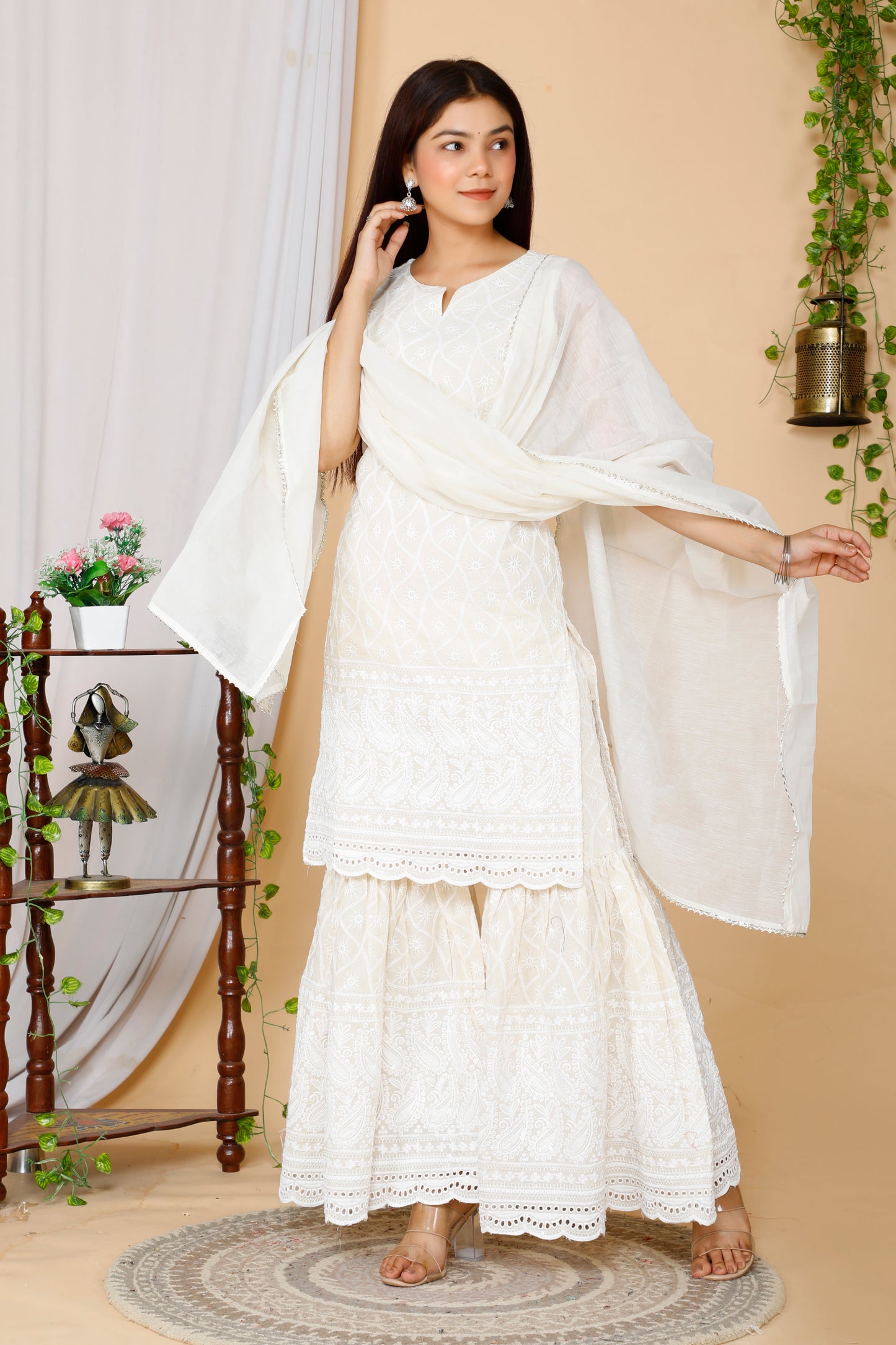 Women's Beige Embroidered Chikankari Cotton Kurti & Sharara With Dupatta - Miravan