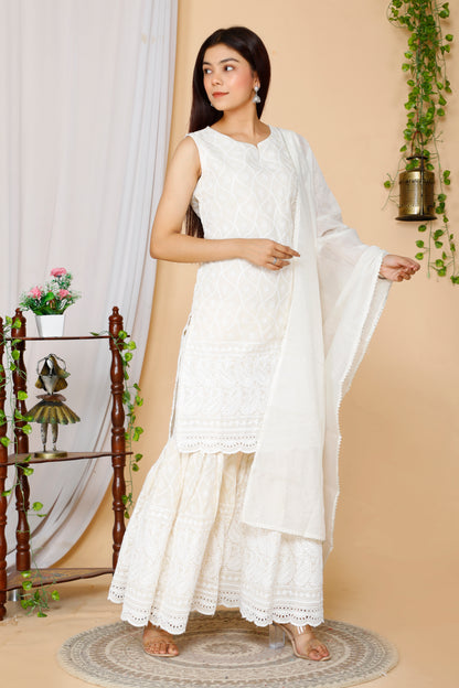 Women's Beige Embroidered Chikankari Cotton Kurti & Sharara With Dupatta - Miravan