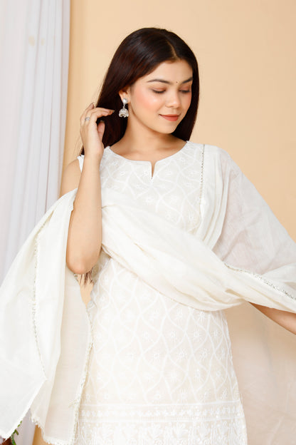 Women's Beige Embroidered Chikankari Cotton Kurti & Sharara With Dupatta - Miravan