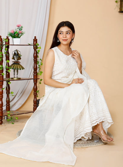 Women's Beige Embroidered Chikankari Cotton Kurti & Sharara With Dupatta - Miravan