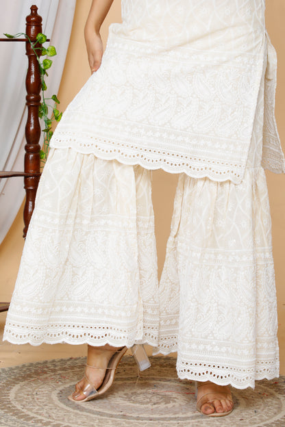Women's Beige Embroidered Chikankari Cotton Kurti & Sharara With Dupatta - Miravan