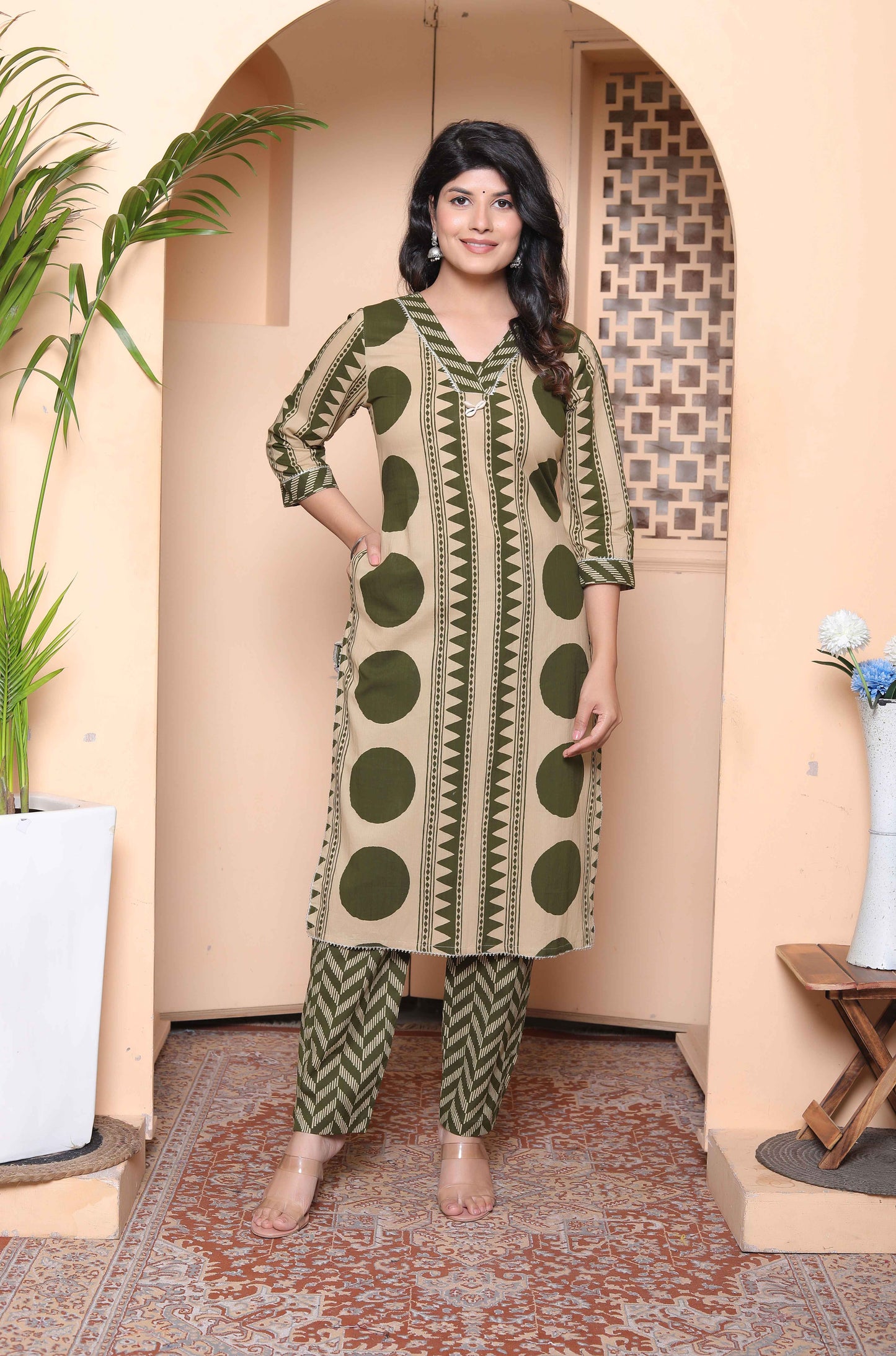 Miravan Womens Straight Polka Dot  printed Green Kurta with Palazzo