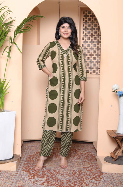 Miravan Womens Straight Polka Dot  printed Green Kurta with Palazzo
