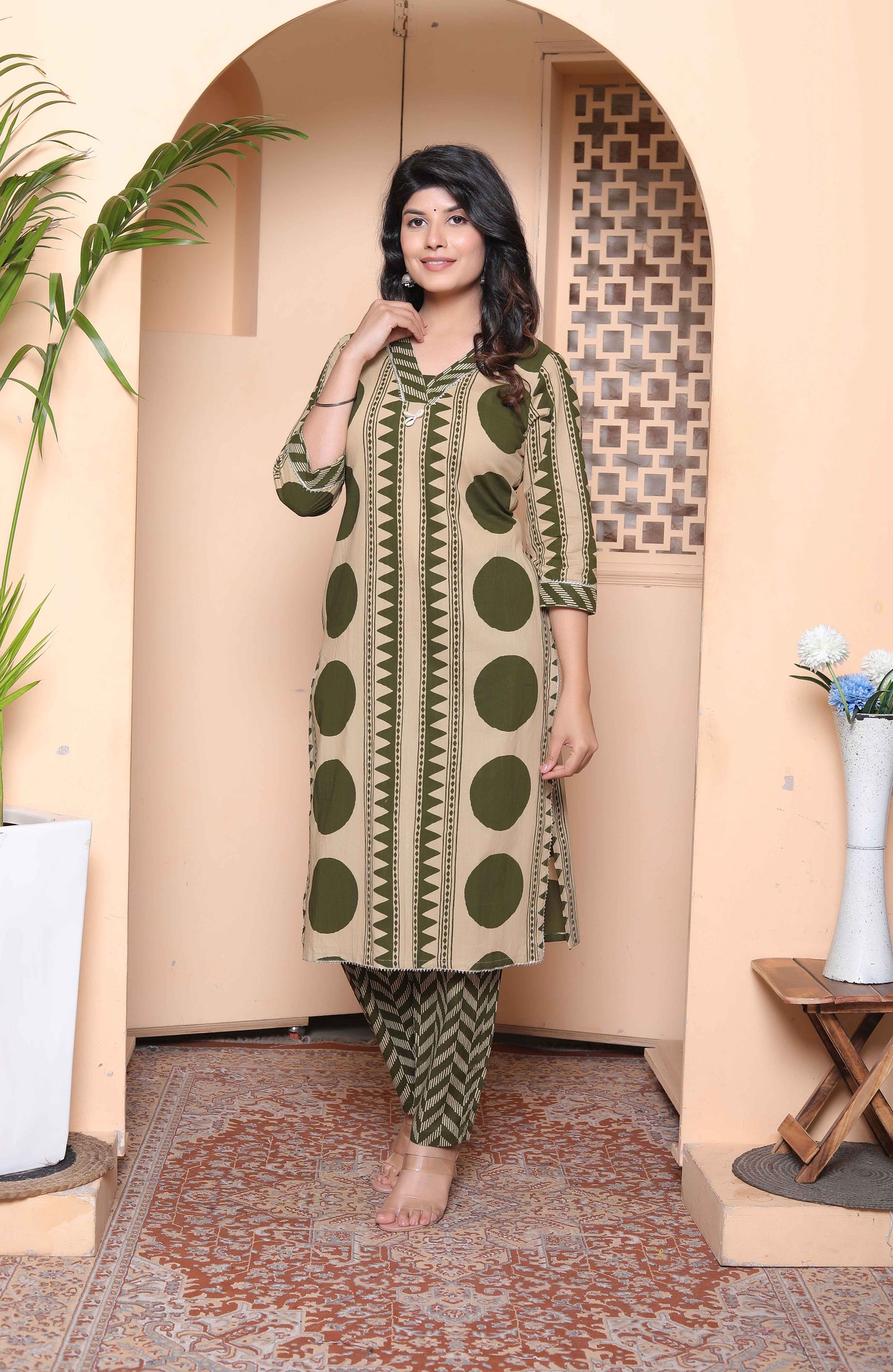 Miravan Womens Straight Polka Dot  printed Green Kurta with Palazzo
