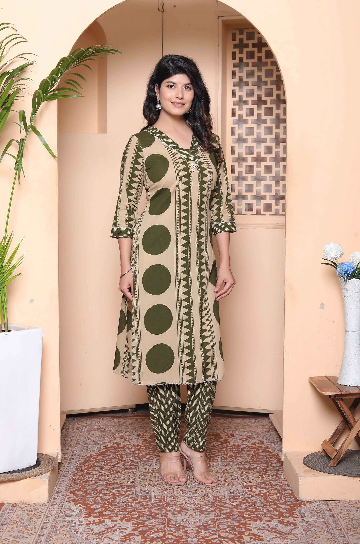 Miravan Womens Straight Polka Dot  printed Green Kurta with Palazzo