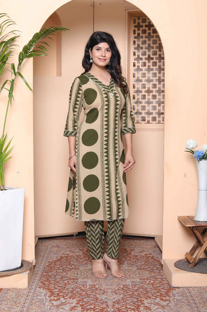 Miravan Womens Straight Polka Dot  printed Green Kurta with Palazzo
