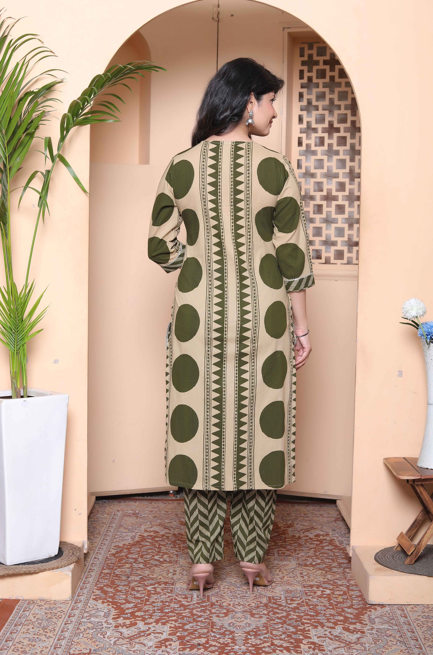 Miravan Womens Straight Polka Dot  printed Green Kurta with Palazzo