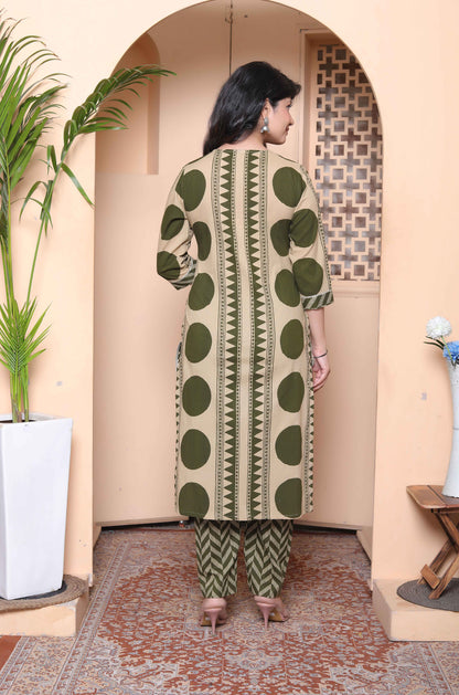 Miravan Womens Straight Polka Dot  printed Green Kurta with Palazzo