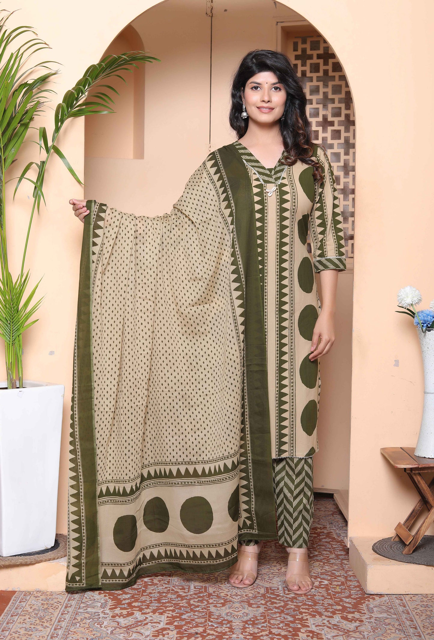 Miravan Womens Polka Dot Printed V-Neck Kurta with Palazzo and Dupatta Set