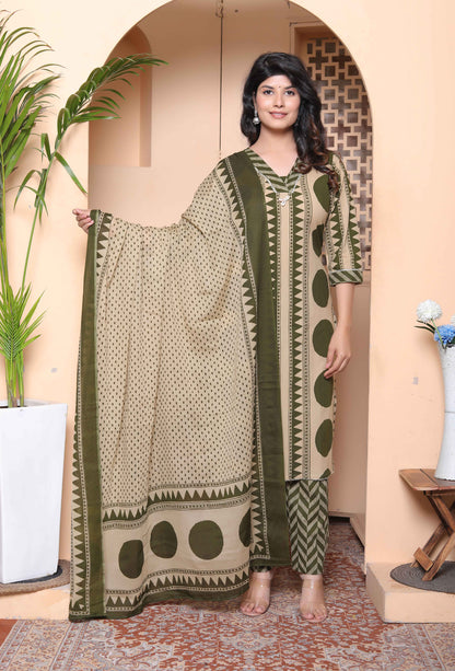 Miravan Womens Polka Dot Printed V-Neck Kurta with Palazzo and Dupatta Set