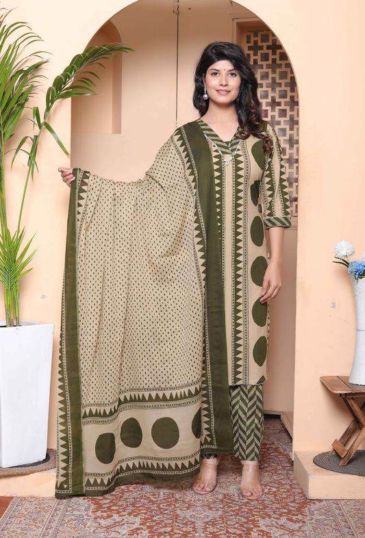 Miravan Womens Polka Dot Printed V-Neck Kurta with Palazzo and Dupatta Set