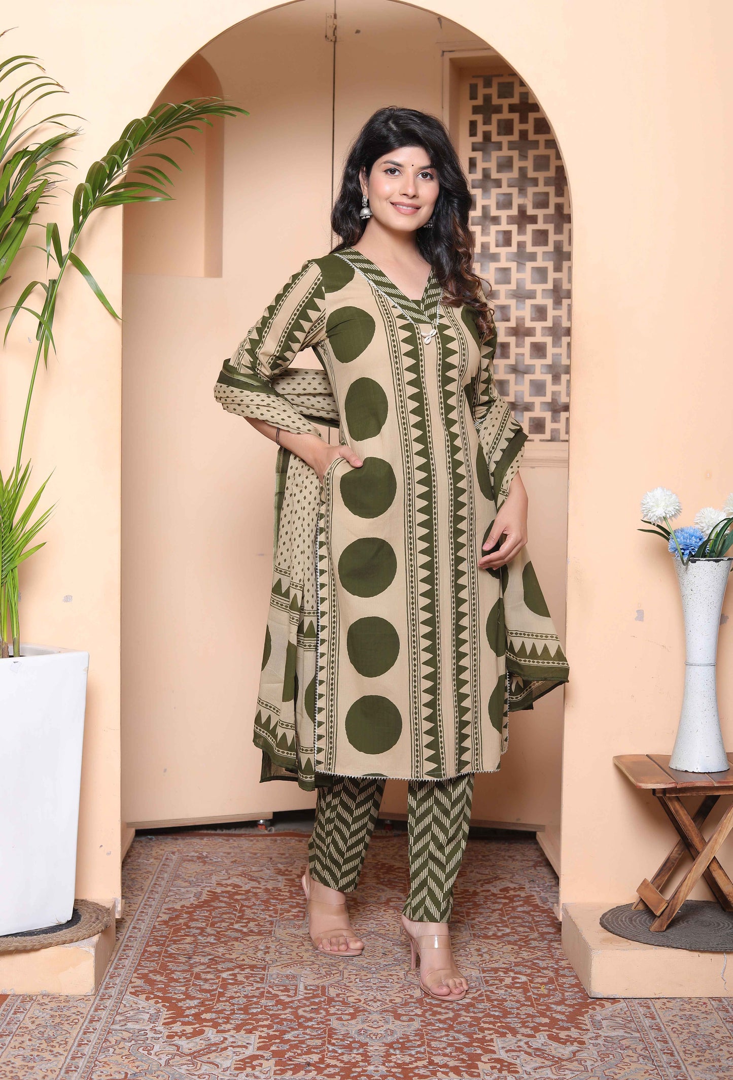 Miravan Womens Polka Dot Printed V-Neck Kurta with Palazzo and Dupatta Set