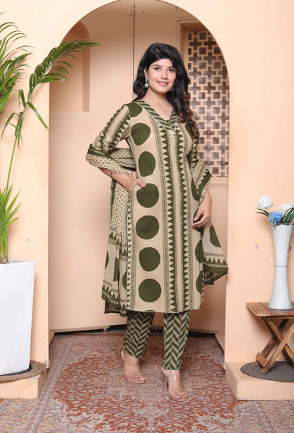 Miravan Womens Polka Dot Printed V-Neck Kurta with Palazzo and Dupatta Set