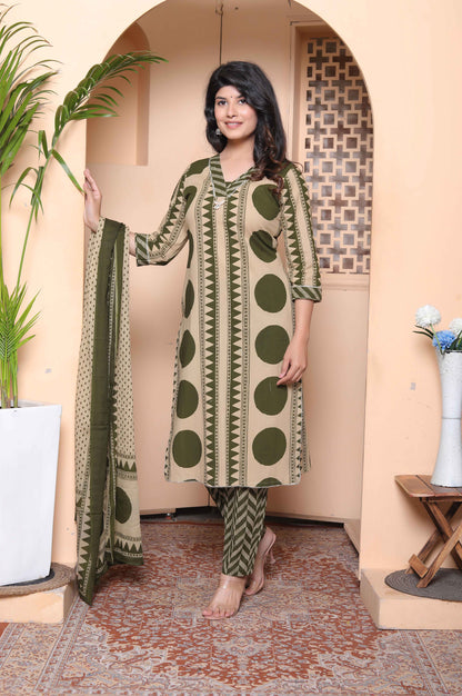 Miravan Womens Polka Dot Printed V-Neck Kurta with Palazzo and Dupatta Set