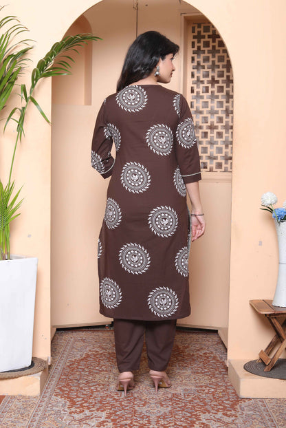 Miravan Womens Brown Animal Printed Kurta with Palazzo