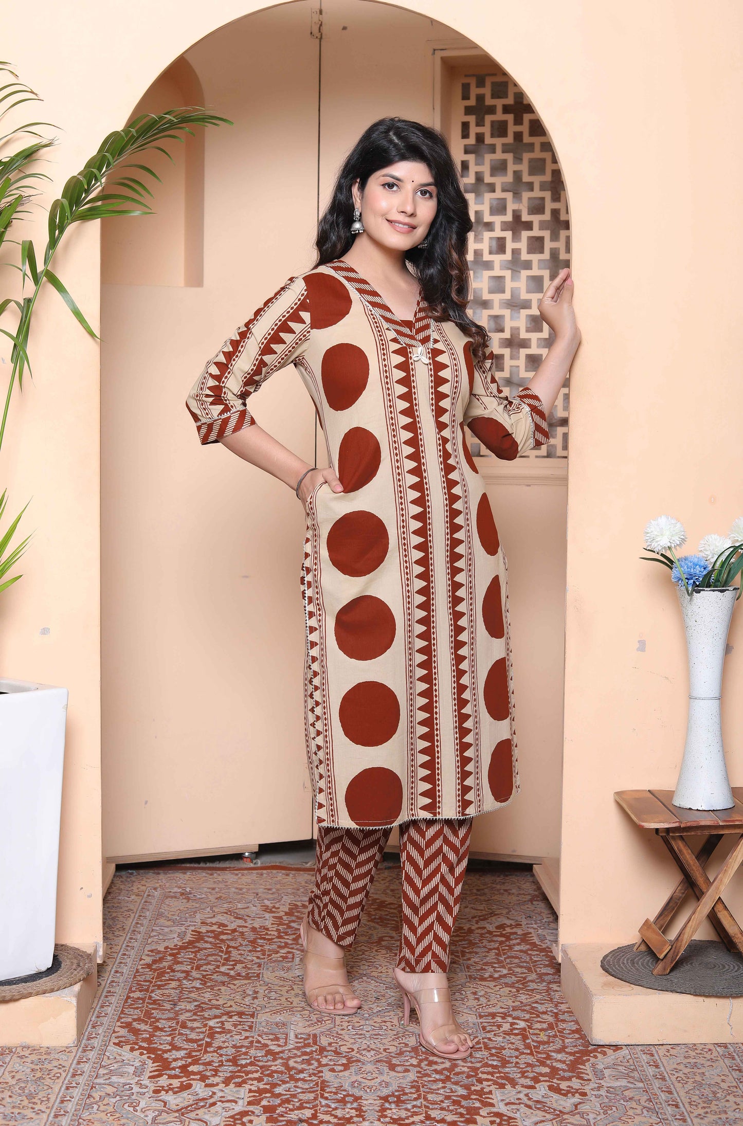 Miravan Womens Brown Pure cotton Kurta with Palazzo Set