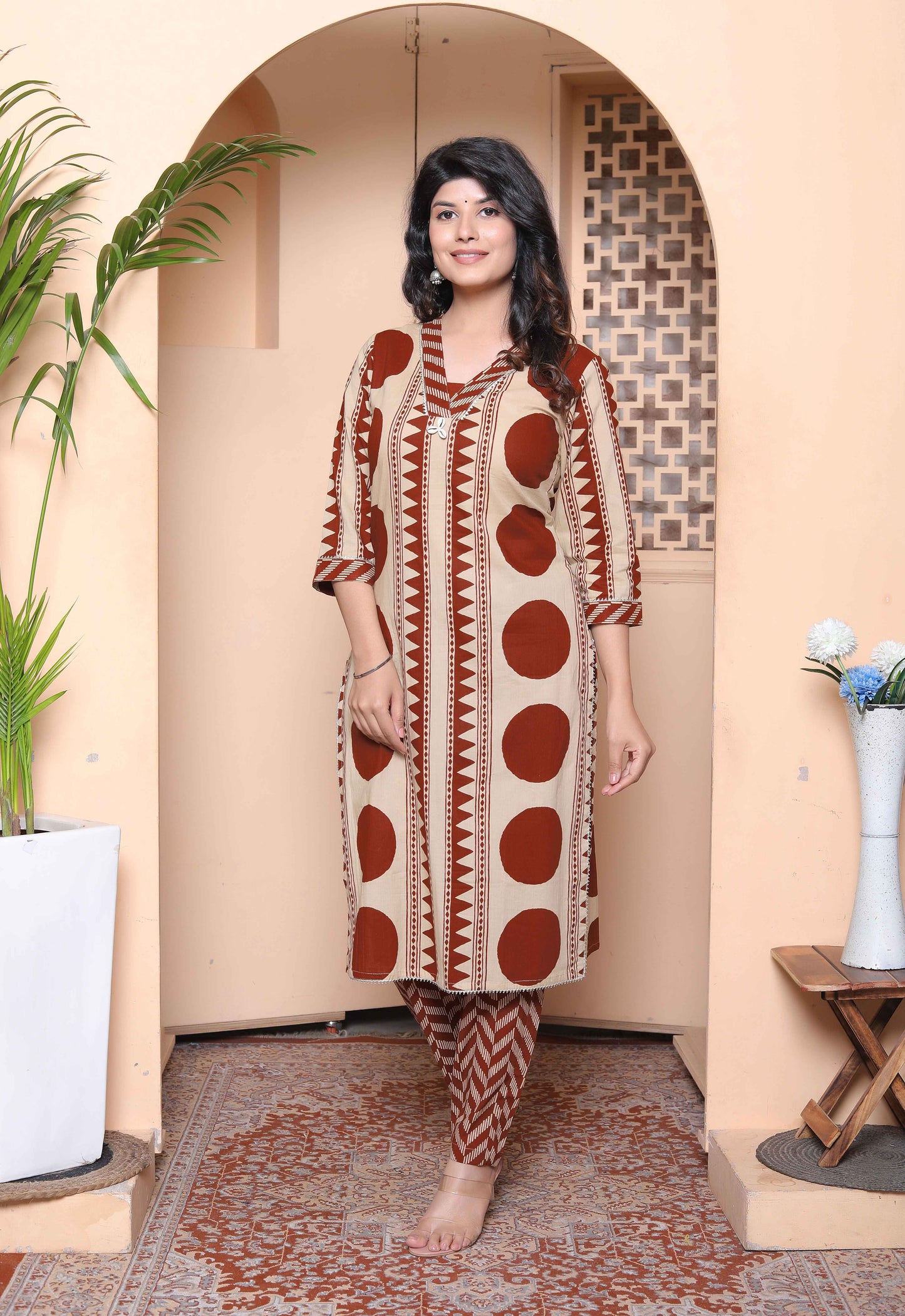 Miravan Womens Brown Pure cotton Kurta with Palazzo Set