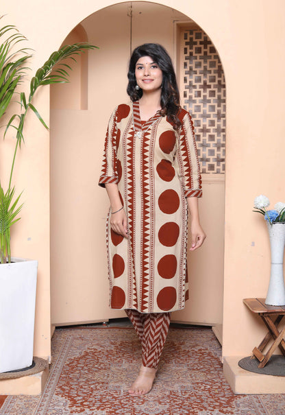 Miravan Womens Brown Pure cotton Kurta with Palazzo Set
