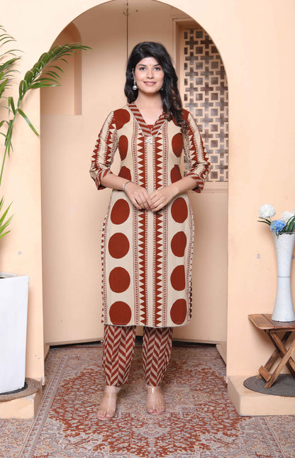 Miravan Womens Brown Pure cotton Kurta with Palazzo Set