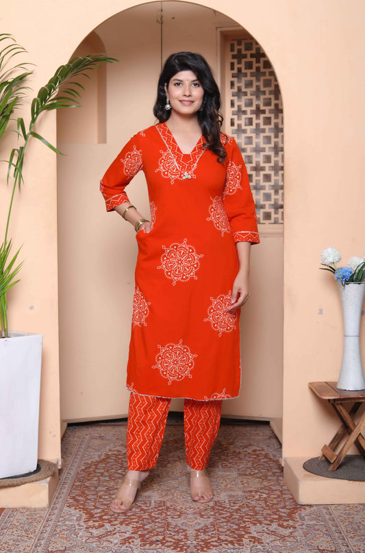 Miravan Womens Orange Floral Print Straight Kurta with Palazzo