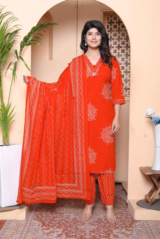 Miravan Womens floral printed  Straight Fit Kurta with Palazzo and Dupatta - Orange