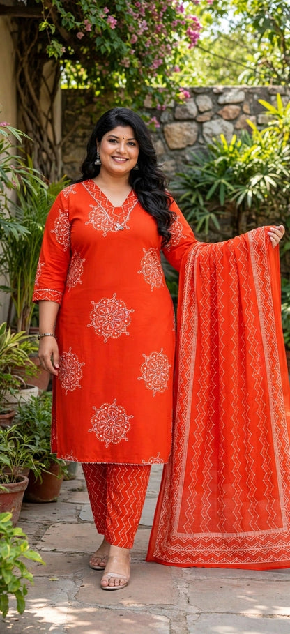 Miravan Womens Plus Size floral printed  Straight Fit Kurta with Palazzo and Dupatta - Orange