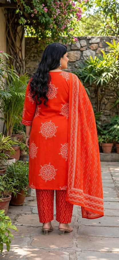Miravan Womens Plus Size floral printed  Straight Fit Kurta with Palazzo and Dupatta - Orange