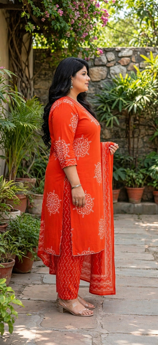 Miravan Womens Plus Size floral printed  Straight Fit Kurta with Palazzo and Dupatta - Orange