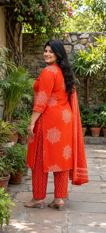 Miravan Womens Plus Size floral printed  Straight Fit Kurta with Palazzo and Dupatta - Orange