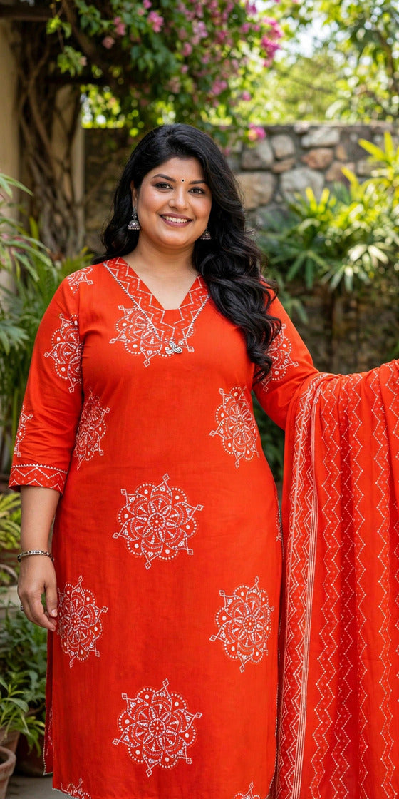 Miravan Womens Plus Size floral printed  Straight Fit Kurta with Palazzo and Dupatta - Orange