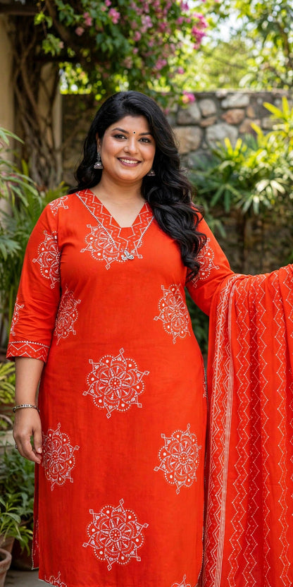 Miravan Womens Plus Size floral printed  Straight Fit Kurta with Palazzo and Dupatta - Orange