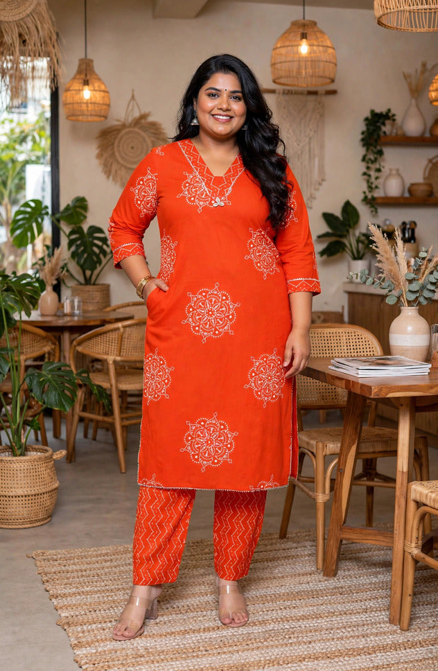 Miravan Womens Plus Size Orange Floral Print Straight Kurta with Palazzo