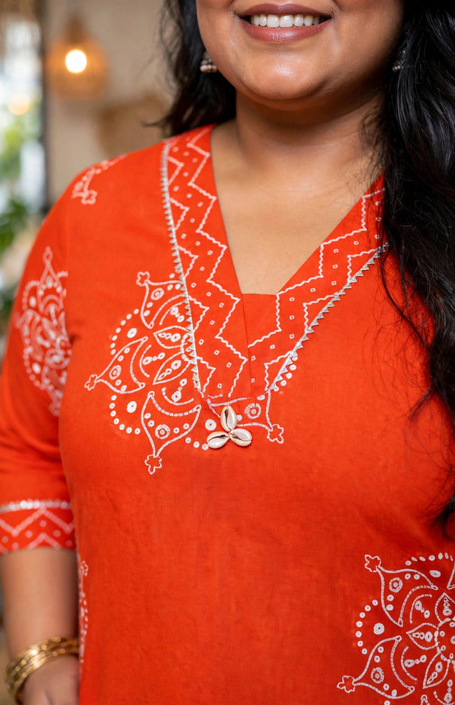 Miravan Womens Plus Size Orange Floral Print Straight Kurta with Palazzo