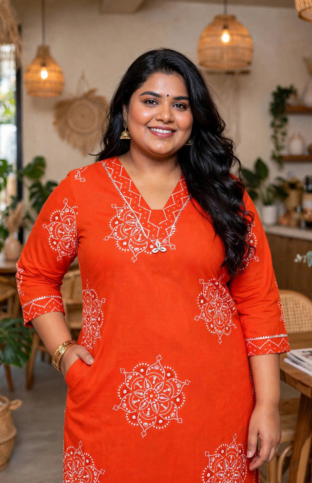 Miravan Womens Plus Size Orange Floral Print Straight Kurta with Palazzo