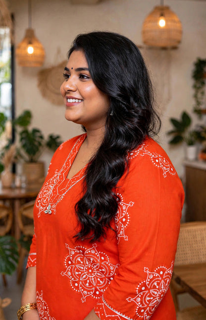 Miravan Womens Plus Size Orange Floral Print Straight Kurta with Palazzo