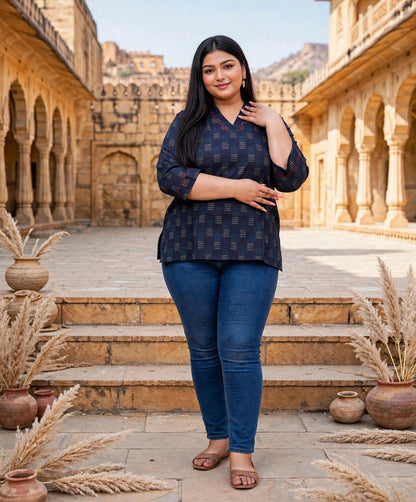 Miravan Womens Plus Size Navy Blue Printed Cotton Top
