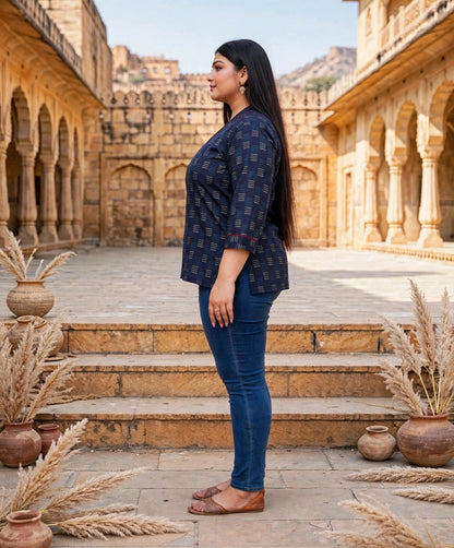 Miravan Womens Plus Size Navy Blue Printed Cotton Top