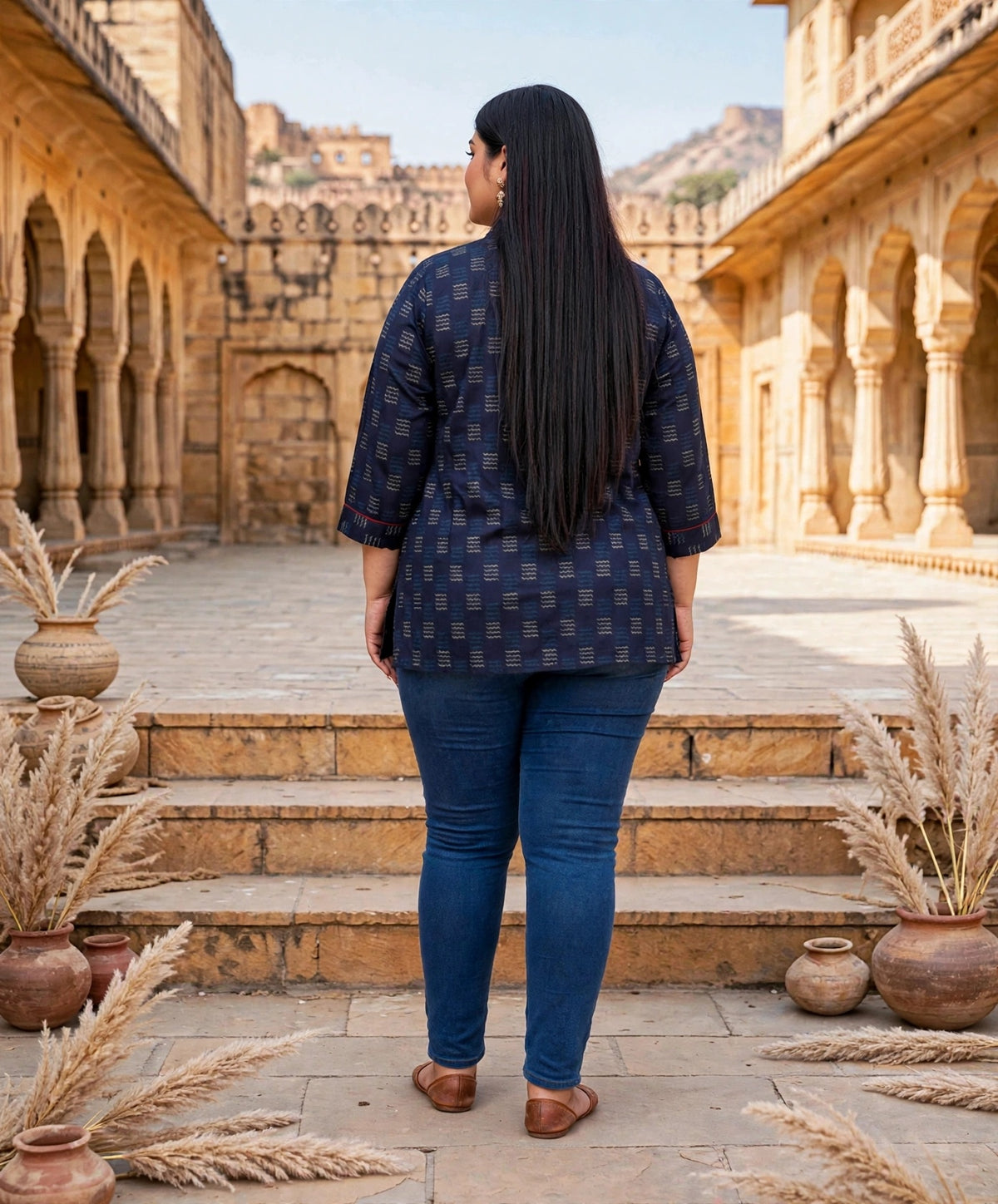 Miravan Womens Plus Size Navy Blue Printed Cotton Top