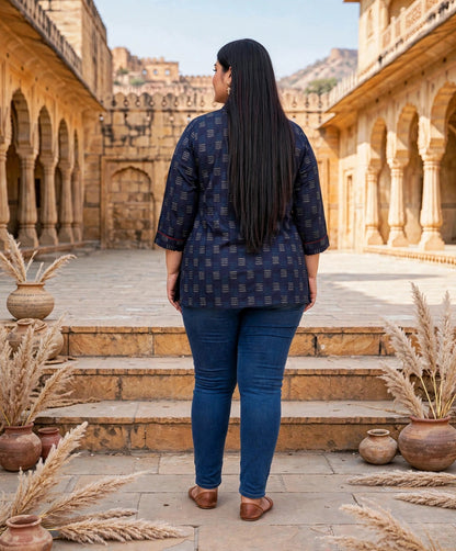 Miravan Womens Plus Size Navy Blue Printed Cotton Top