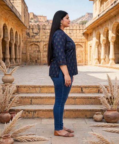 Miravan Womens Plus Size Navy Blue Printed Cotton Top